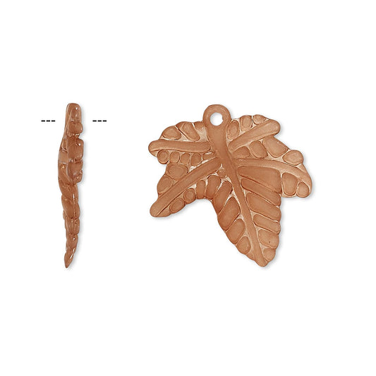 Two copper leaf-shaped jewelry charms, one shown from a side profile view with dashed measurement guide lines and the other from a front view, on a plain white background.