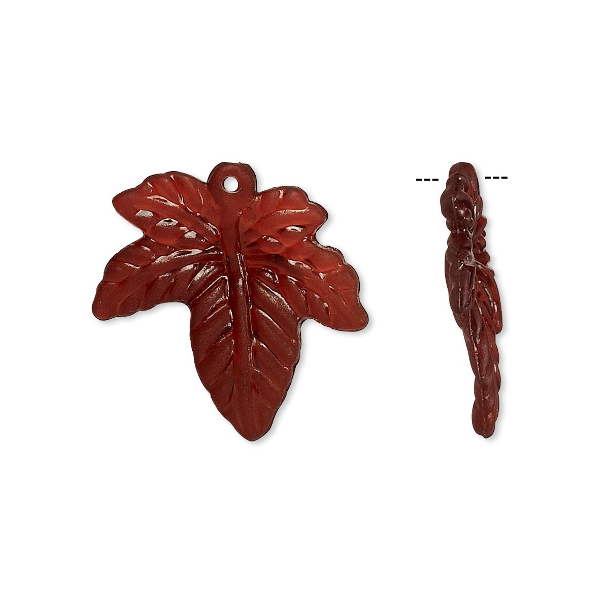 A reddish-brown carved wooden leaf pendant shown from two angles on a plain white background, with a dashed line indicating the depth or profile of the carved piece.