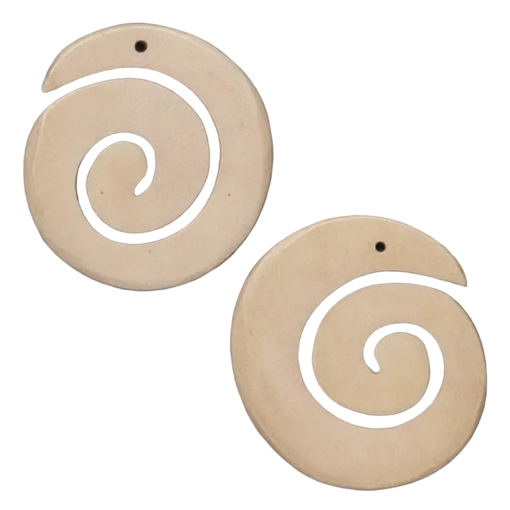Two light beige spiral-shaped wooden beads with a small hole at the top, displayed on a solid white background.