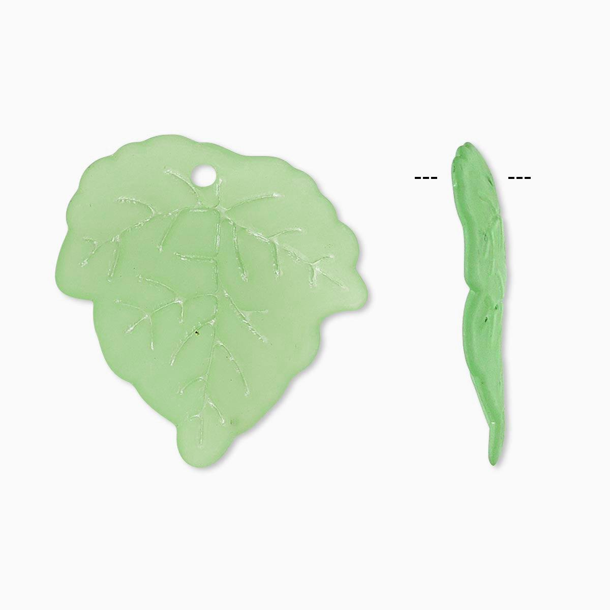 A light green, translucent leaf-shaped pendant with embossed leaf vein details and a hanging hole, shown alongside a side profile view on a plain white background.