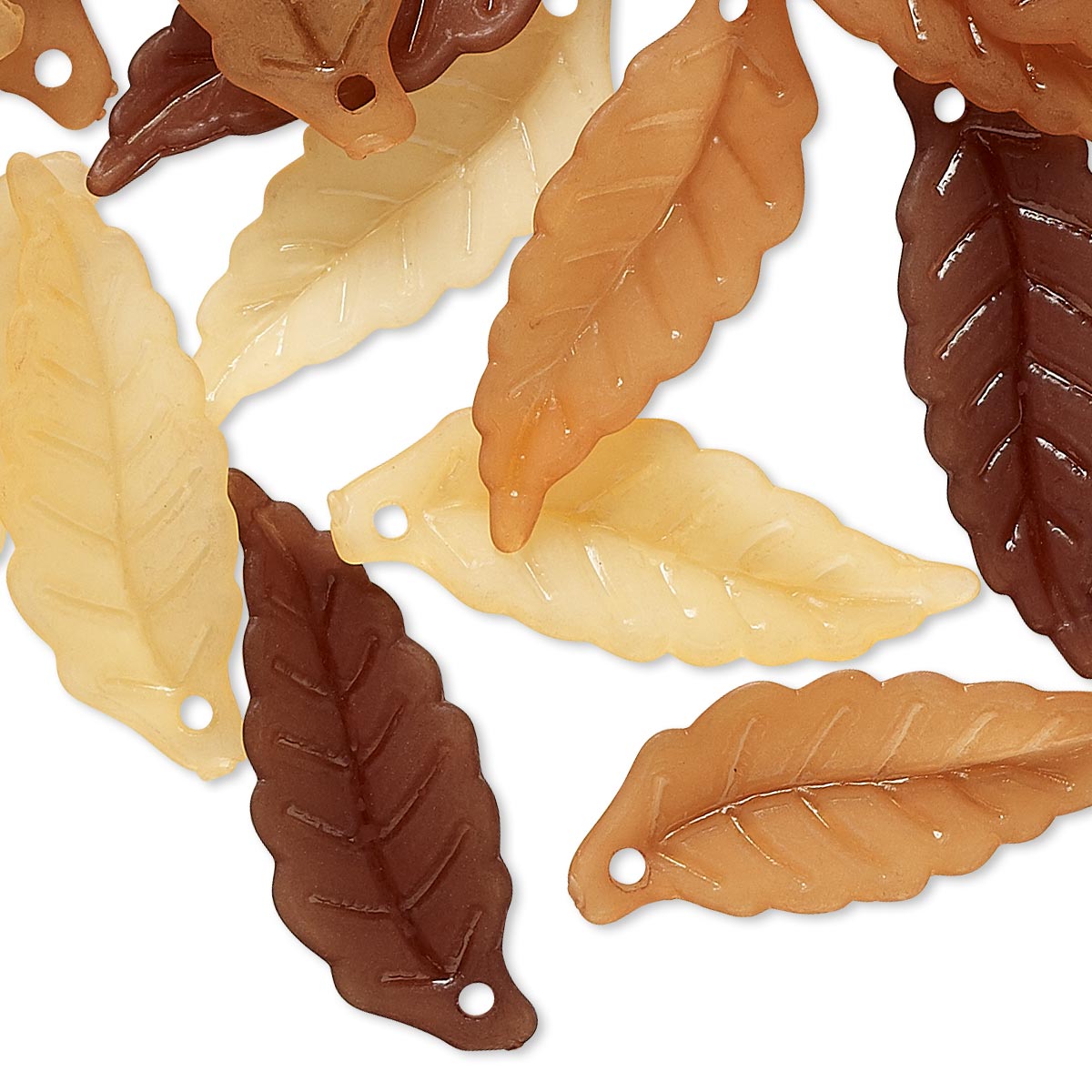 Multiple leaf-shaped jewelry charms in cream, tan, and dark brown, arranged on a plain white background.