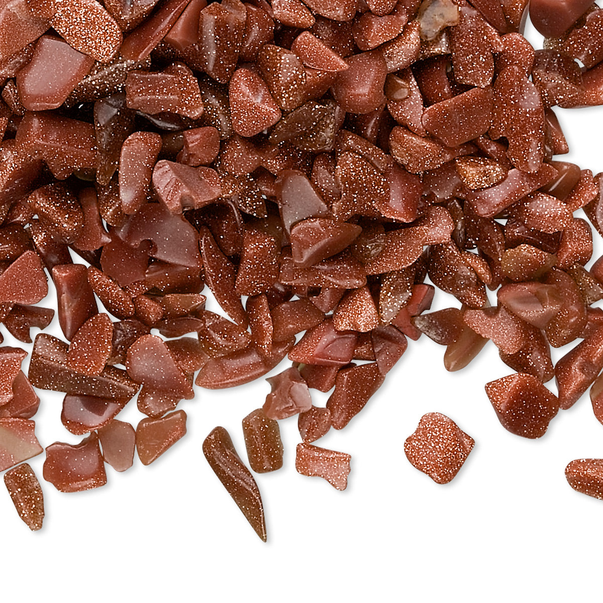 Shattered copper-brown glass chips with a glittery finish scattered on a white background.