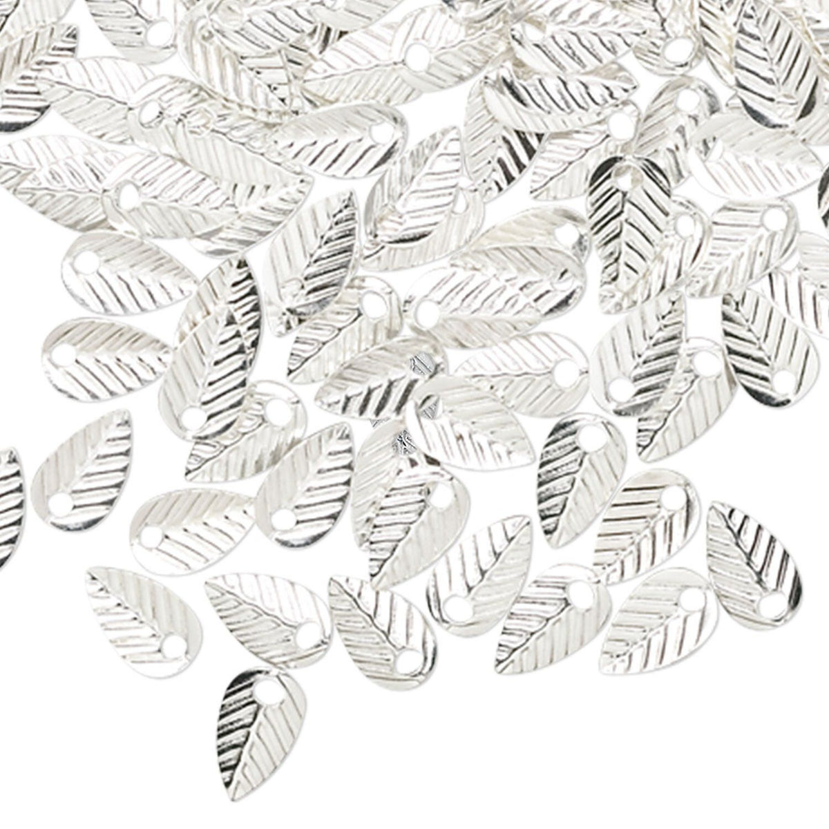 A pile of silver metal leaf-shaped charms with a textured striated pattern and a small loop at the top, shown on a plain white background.