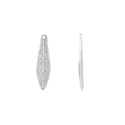 Two silver-toned leaf-shaped jewelry findings or charms shown on a plain dark gray background, one with a textured leaf design and one as a flat profile view.