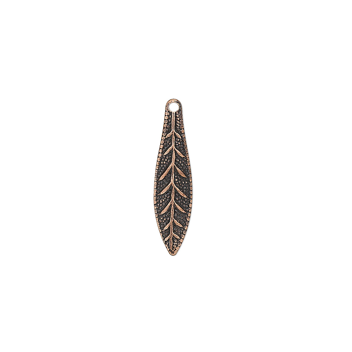 A single elongated leaf-shaped jewelry charm or pendant with a dark oxidized background and raised rose-gold-toned leaf veins and border details, centered on a plain white background.