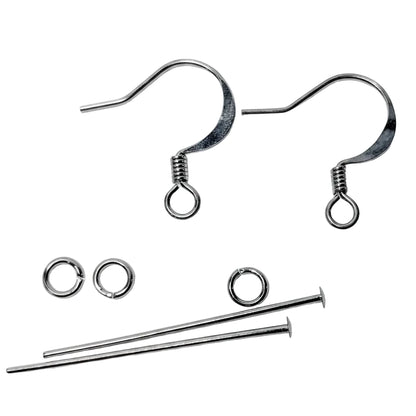 Two silver-tone fishhook ear wires with spring backings, shown with two jump rings and two short metal pins on a plain white background.