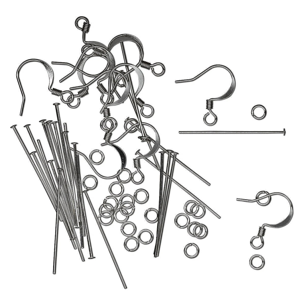 A set of silver metal jewelry findings, including various ear wires, jump rings, and straight pins, arranged on a plain white background.