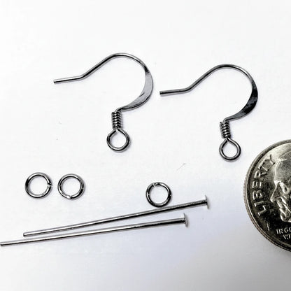 Silver metal jewelry findings including two ear hooks, two jump rings, two short spring rings, and two long wire loops, shown on a white background with a US quarter coin for scale.