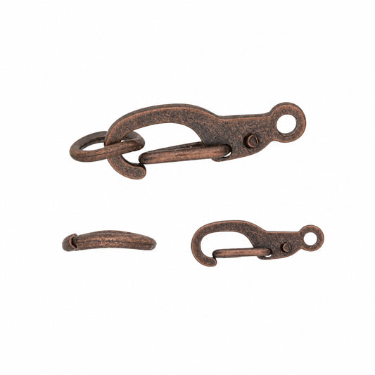 Three antique bronze metal lobster clasp components shown on a plain white background, including two larger views and one smaller detached view.