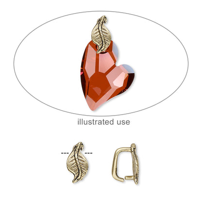 An illustrated jewelry-making product showing a faceted amber-red heart-shaped crystal pendant with a gold-toned leaf-shaped clasp, plus small front and side views of the clasp below on a white background.