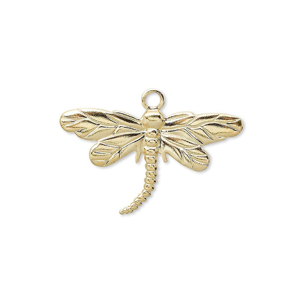 A gold dragonfly jewelry charm with textured wings and a hanging loop, shown on a plain white background.