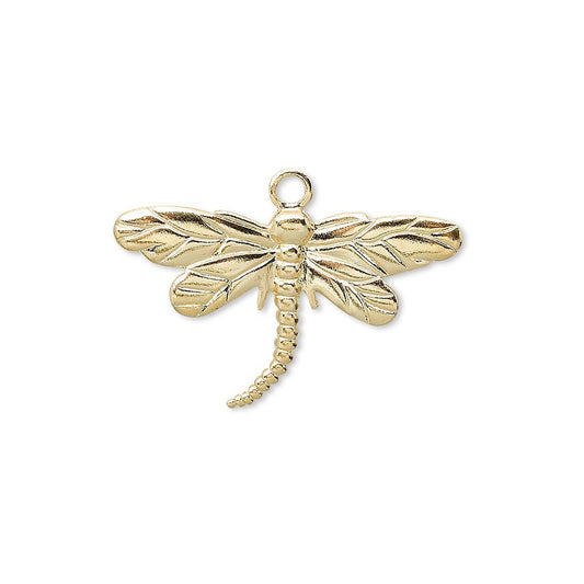 A gold dragonfly jewelry charm with textured wings and a hanging loop, shown on a plain white background.