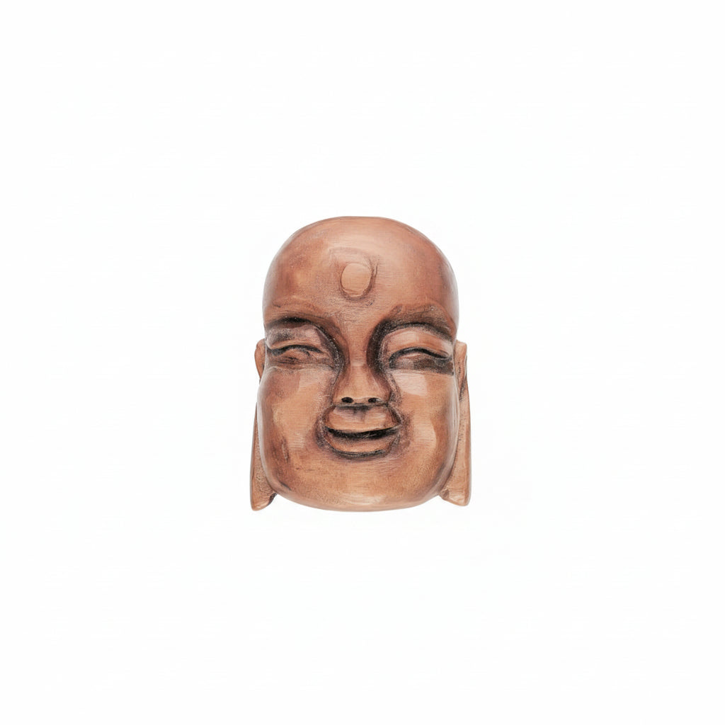 A terracotta-colored Buddha head sculpture with a smooth, bald forehead, closed eyes, and a serene expression, isolated on a white background.
