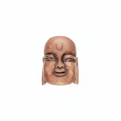 A terracotta-colored Buddha head sculpture with a smooth, bald forehead, closed eyes, and a serene expression, isolated on a white background.