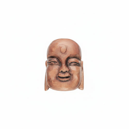 A terracotta-colored Buddha head sculpture with a smooth, bald forehead, closed eyes, and a serene expression, isolated on a white background.