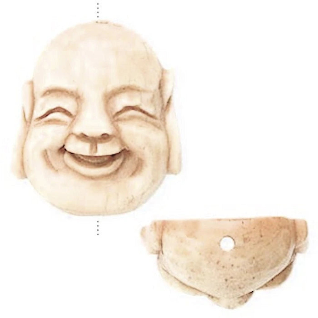 A carved smiling Buddha head ornament shown from two angles on a plain white background, with a small hole visible in the underside.