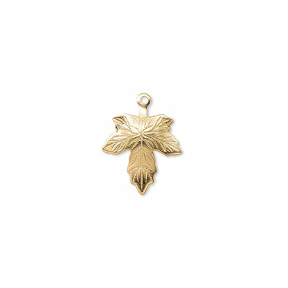 A small gold cross pendant with a textured, leaf-like design and a top loop, shown on a plain white background.