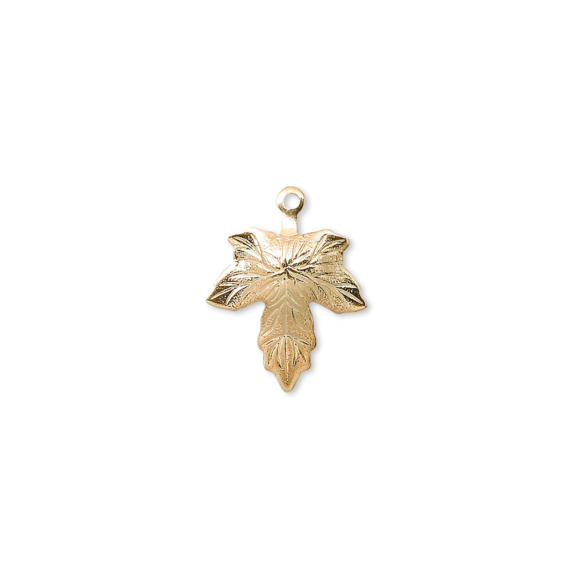 A gold leaf-shaped pendant charm with a textured surface and a small hanging loop at the top, shown on a plain white background.
