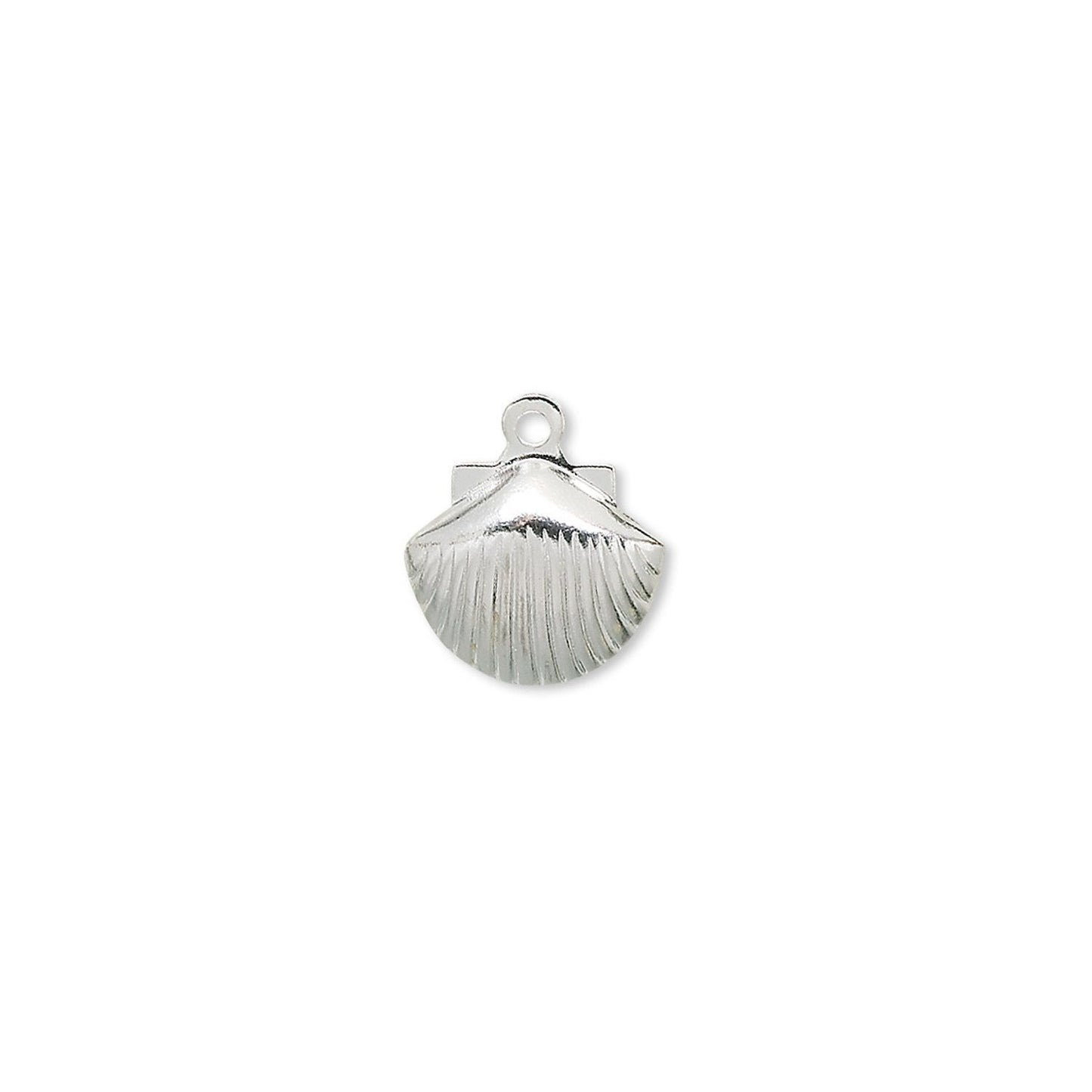 A small silver shell-shaped jewelry charm with a textured ribbed pattern and a top loop, shown on a plain white background.