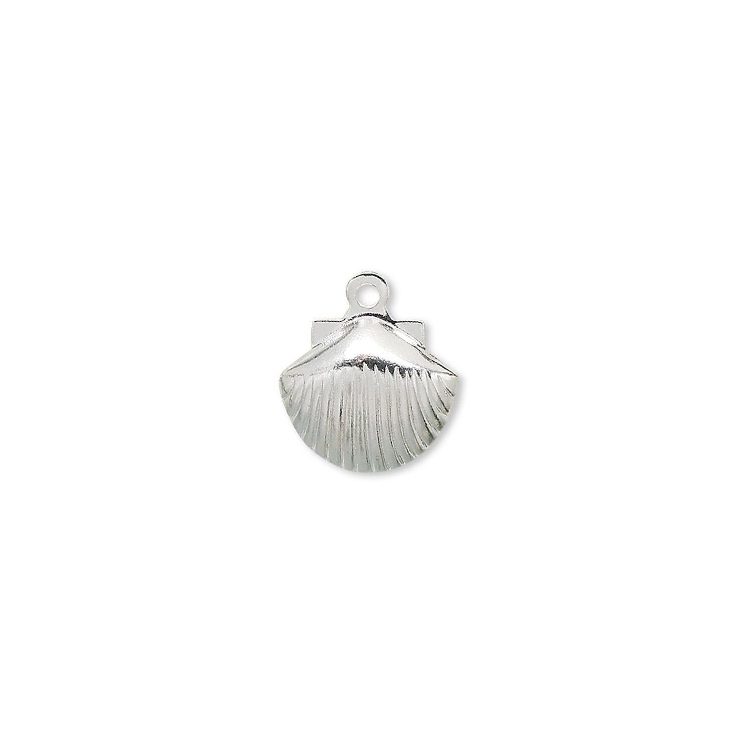 A small silver shell-shaped jewelry charm with a textured ribbed pattern and a top loop, shown on a plain white background.