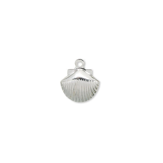 A small silver shell-shaped jewelry charm with a textured ribbed pattern and a top loop, shown on a plain white background.
