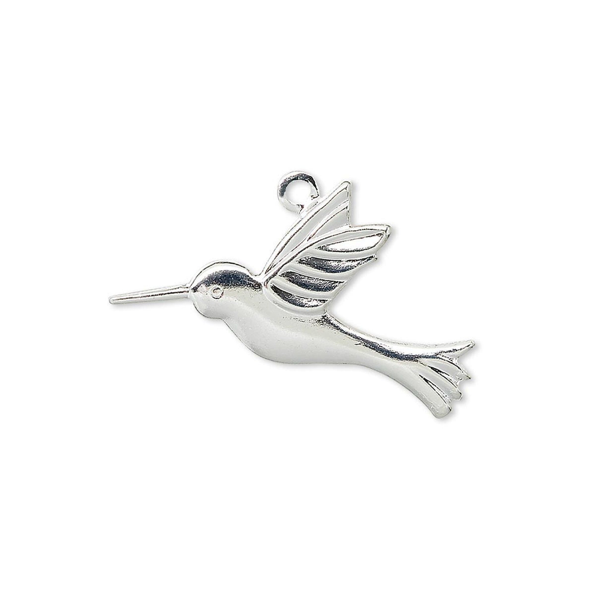 A polished silver hummingbird charm with a small hanging loop at the top, shown on a plain white background.
