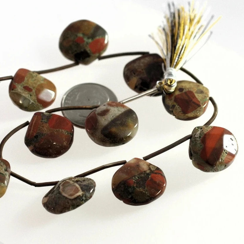 A strand of polished jasper stone beads in earthy brown, red, and gray patterns, threaded on a dark cord with two gold-and-silver tassel ends, shown on a white background with a coin for scale.
