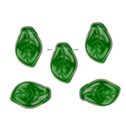 Five glossy green leaf-shaped beads with embossed leaf vein details, arranged on a plain white background.
