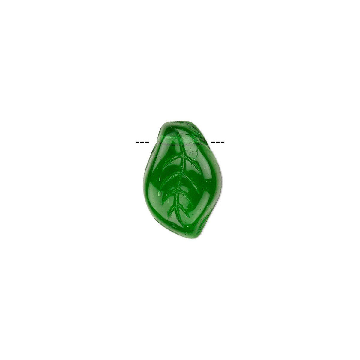 A single glossy green leaf-shaped bead or charm centered on a plain white background, with a small dashed line above it indicating shape measurement.