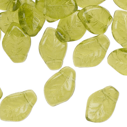 A pile of translucent olive-green leaf-shaped beads with a carved leaf pattern, scattered on a plain white background.