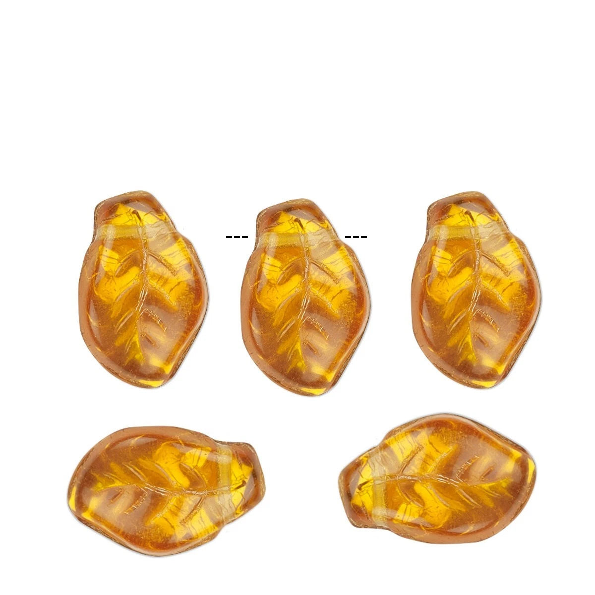 Five amber-colored, leaf-shaped craft beads arranged on a plain white background, with two beads shown from the back indicated by dashed lines above them.