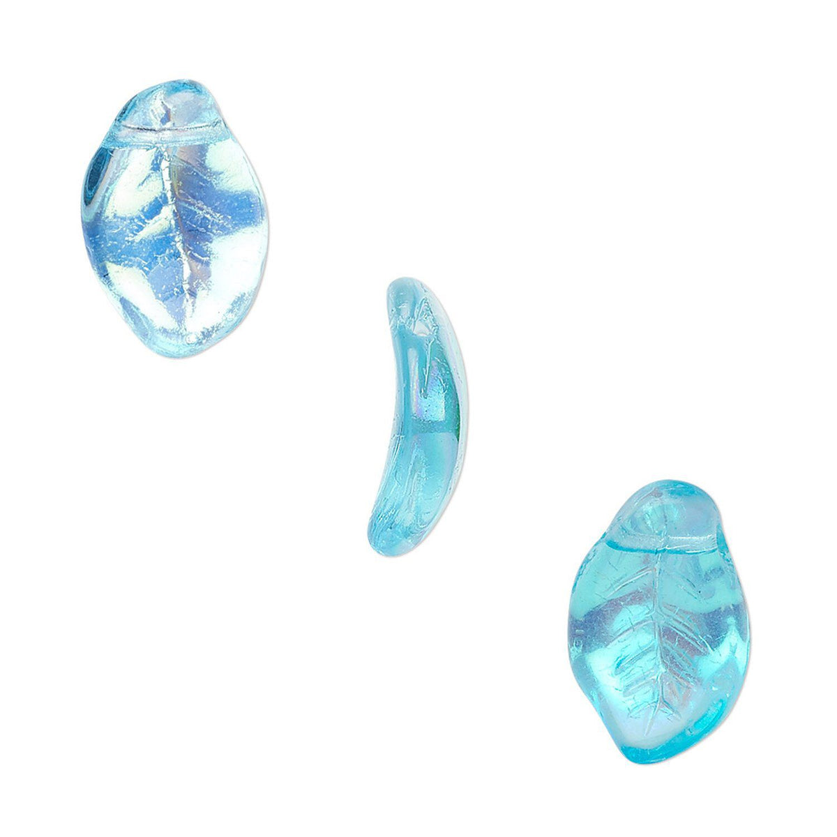 Three light blue translucent leaf-shaped beads or charms arranged on a plain white background.