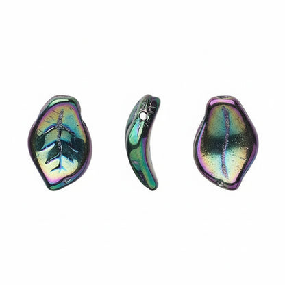 Three views of an iridescent abalone shell bead with a leaf vein pattern, shown on a plain white background.