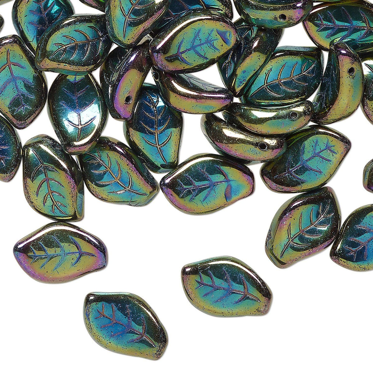 Iridescent leaf-shaped beads scattered on a white background, featuring a metallic finish with shifting green, blue, purple, and gold hues.