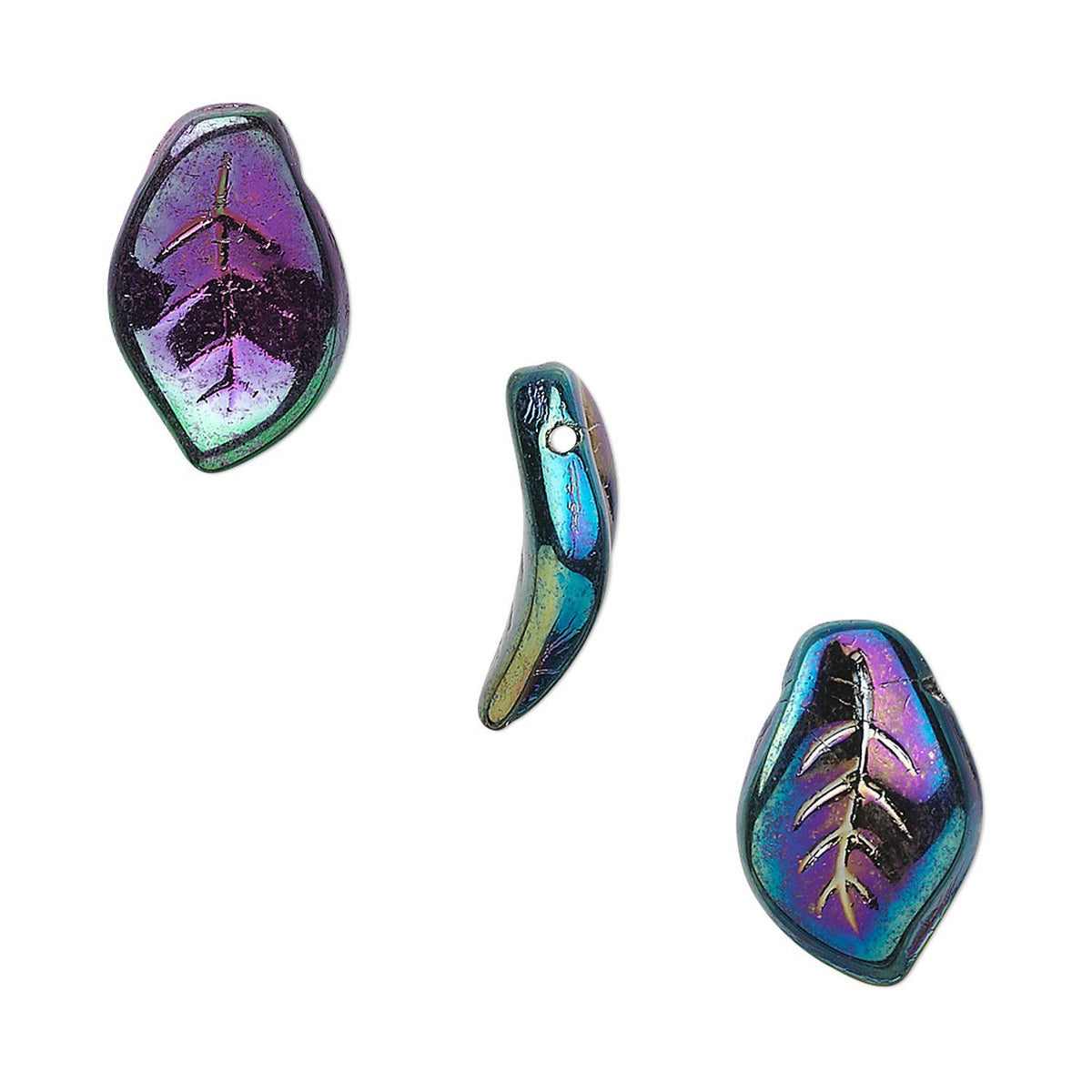 Three iridescent glass beads with a metallic gold leaf design, displayed on a clean white background.