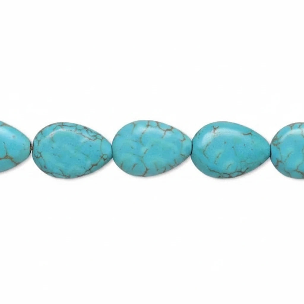 A close-up of a strand of turquoise teardrop beads with natural matrix veining, shown against a plain white background.