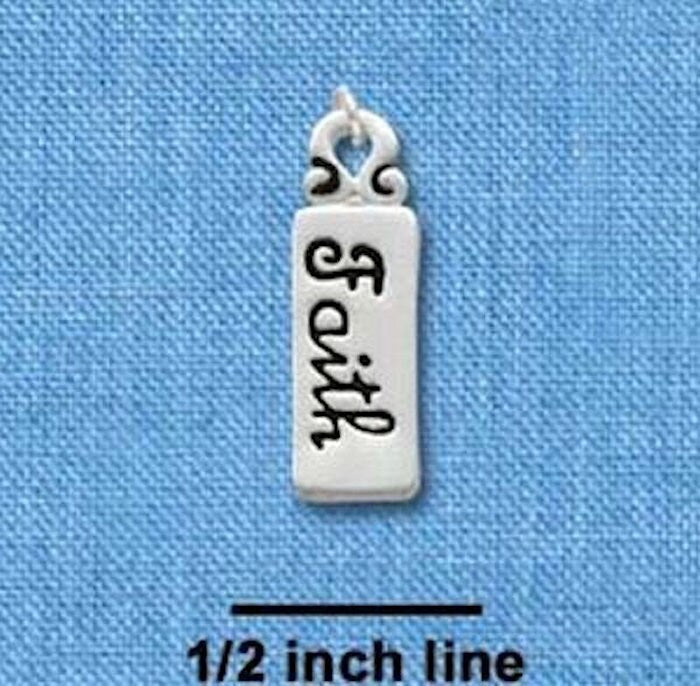 Silver pendant with 'Faith' engraved on a blue background