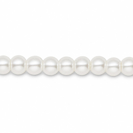 A close-up of a strand of white pearls aligned horizontally against a solid white background.