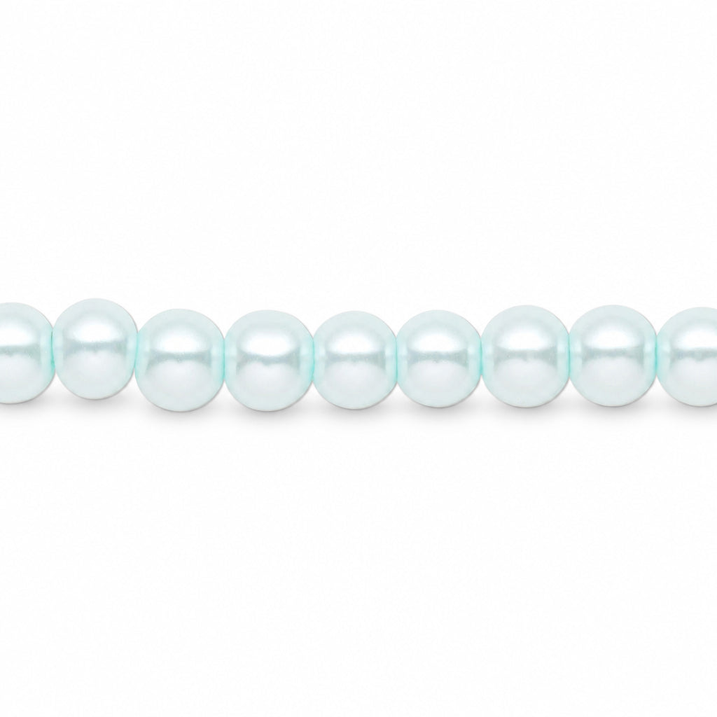 A strand of round, lustrous white pearls with a subtle pale aqua tint, shown against a solid white background.