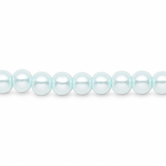 A strand of round, lustrous white pearls with a subtle pale aqua tint, shown against a solid white background.