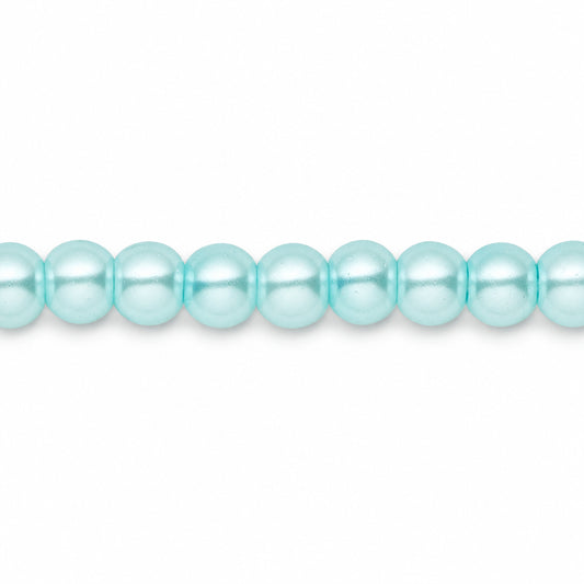 A close-up horizontal line of glossy, light aqua blue pearl-like beads on a plain white background.