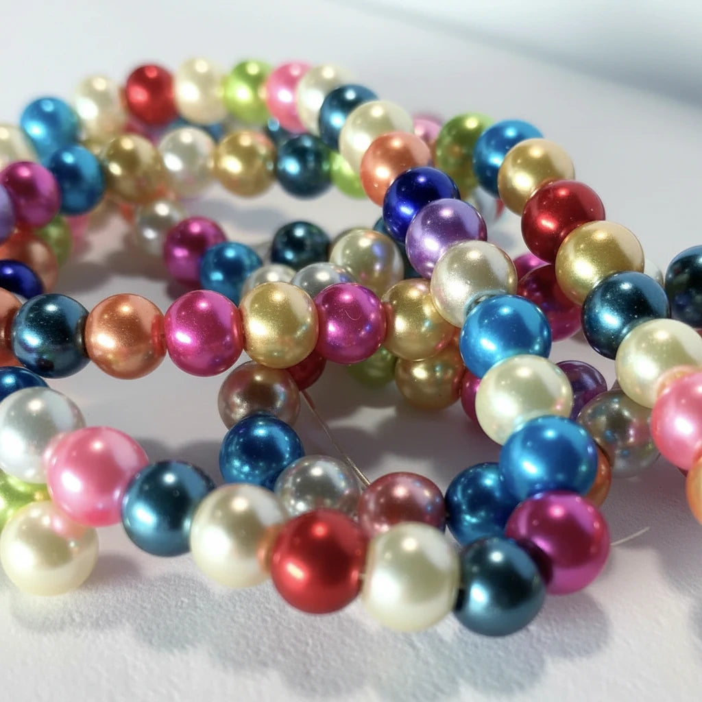 A close-up of strands of shiny, iridescent round beads in multiple colors including blue, pink, purple, gold, red, green, and white, arranged on a light surface.