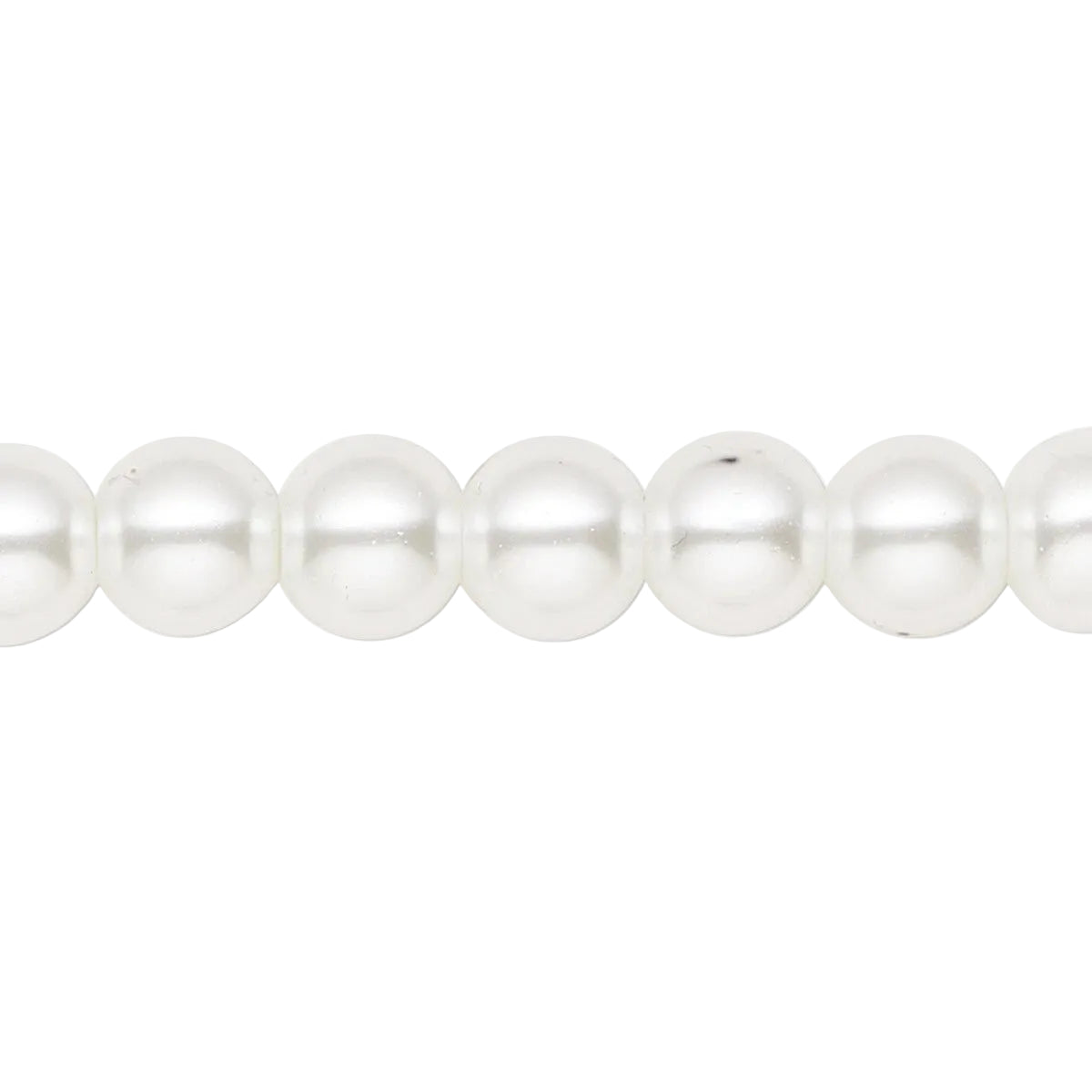 A close-up of a strand of white freshwater pearl beads on a solid white background.