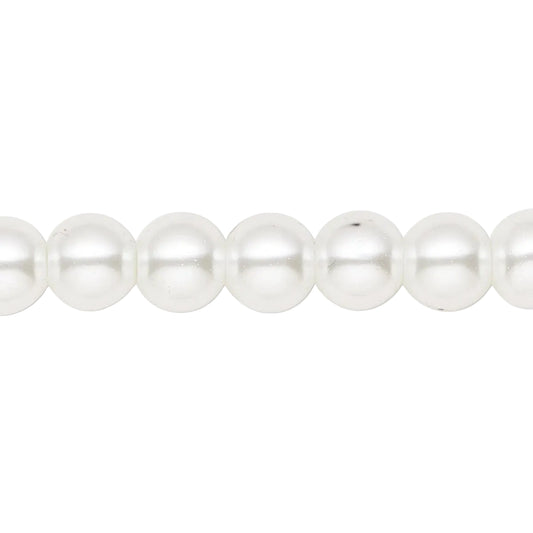 A close-up of a strand of white freshwater pearl beads on a solid white background.