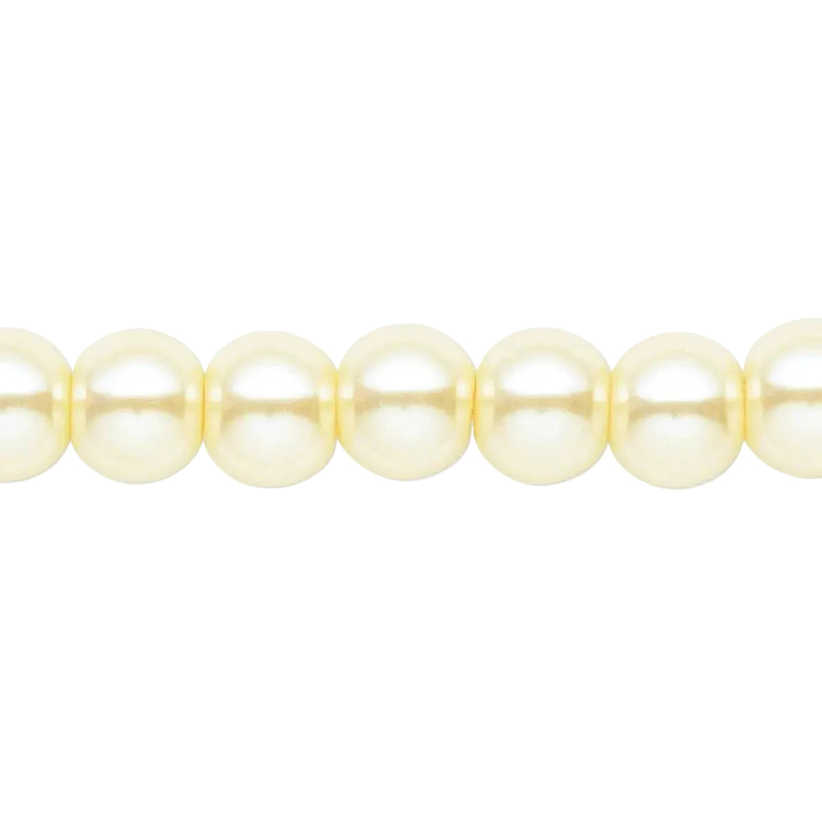 A close-up of a strand of round, cream-colored freshwater pearls aligned horizontally against a solid white background.