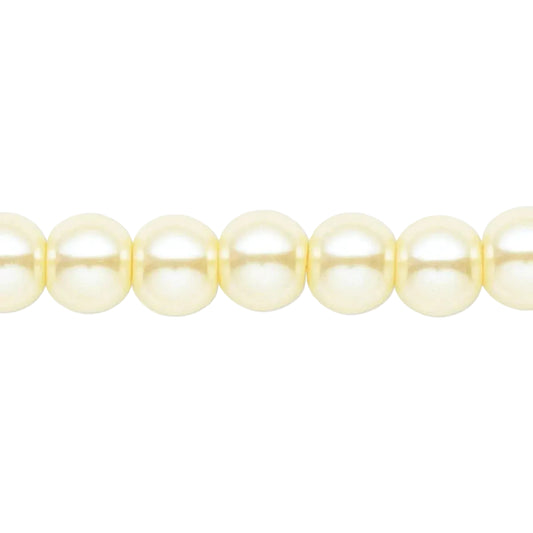 A close-up of a strand of round, cream-colored freshwater pearls aligned horizontally against a solid white background.