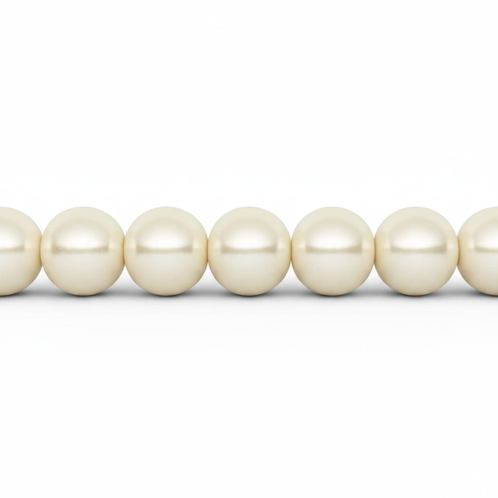 A close-up of a strand of creamy white freshwater pearls aligned horizontally against a solid white background.
