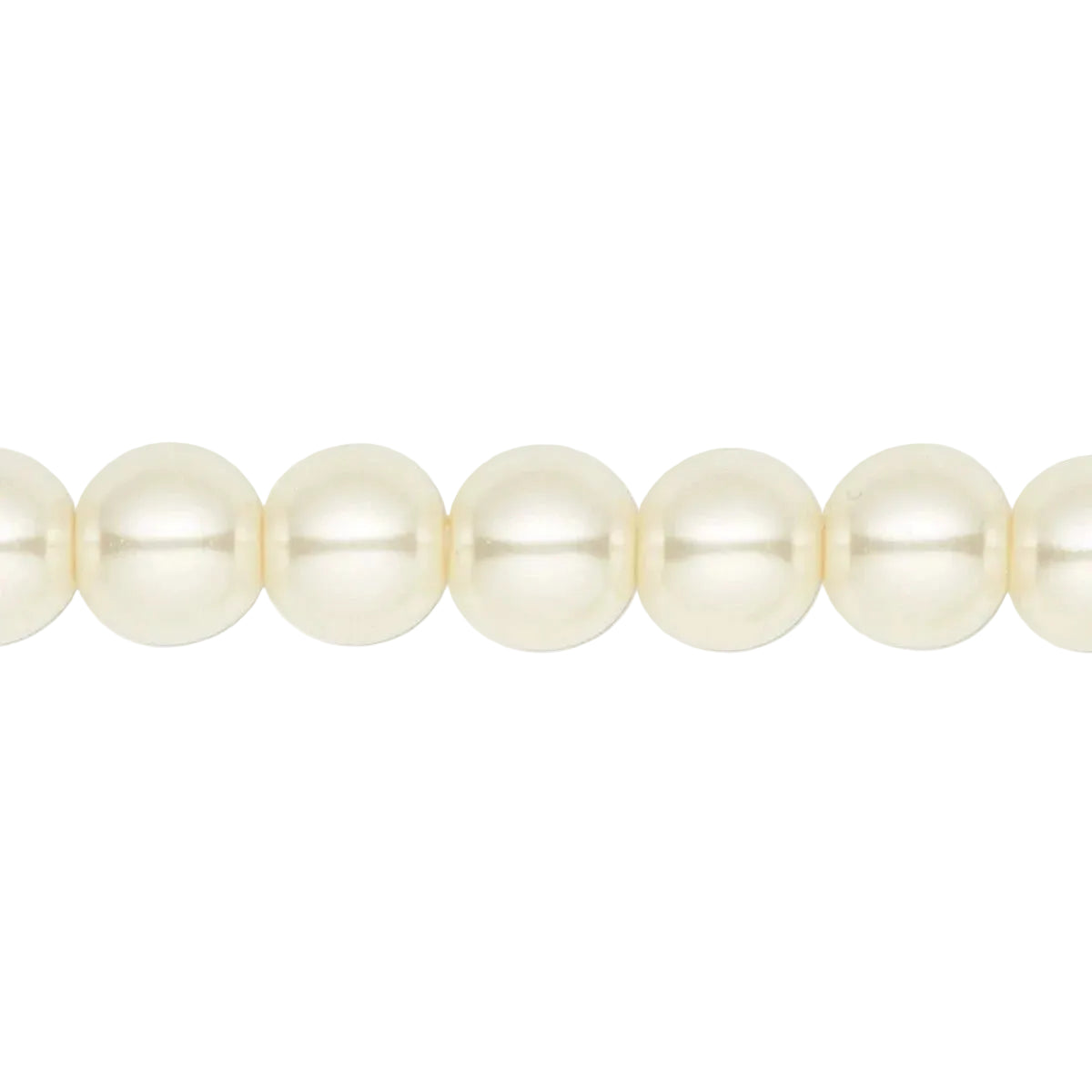 A close-up of a strand of creamy white freshwater pearls aligned horizontally against a solid white background.