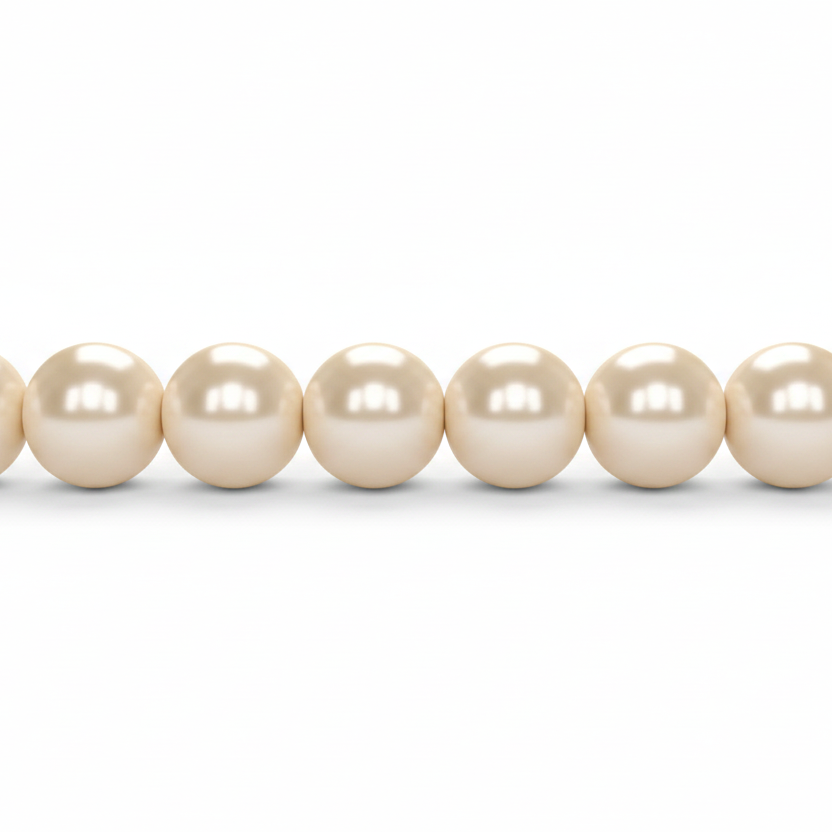 A close-up of a strand of round, lustrous pearl-like beads in a warm cream or ivory tone against a plain white background.
