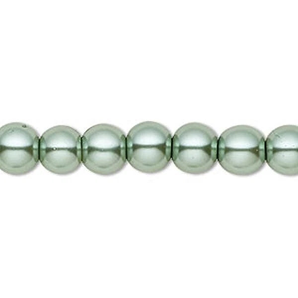 A close-up of a strand of glossy, metallic sage green beads on a plain white background.